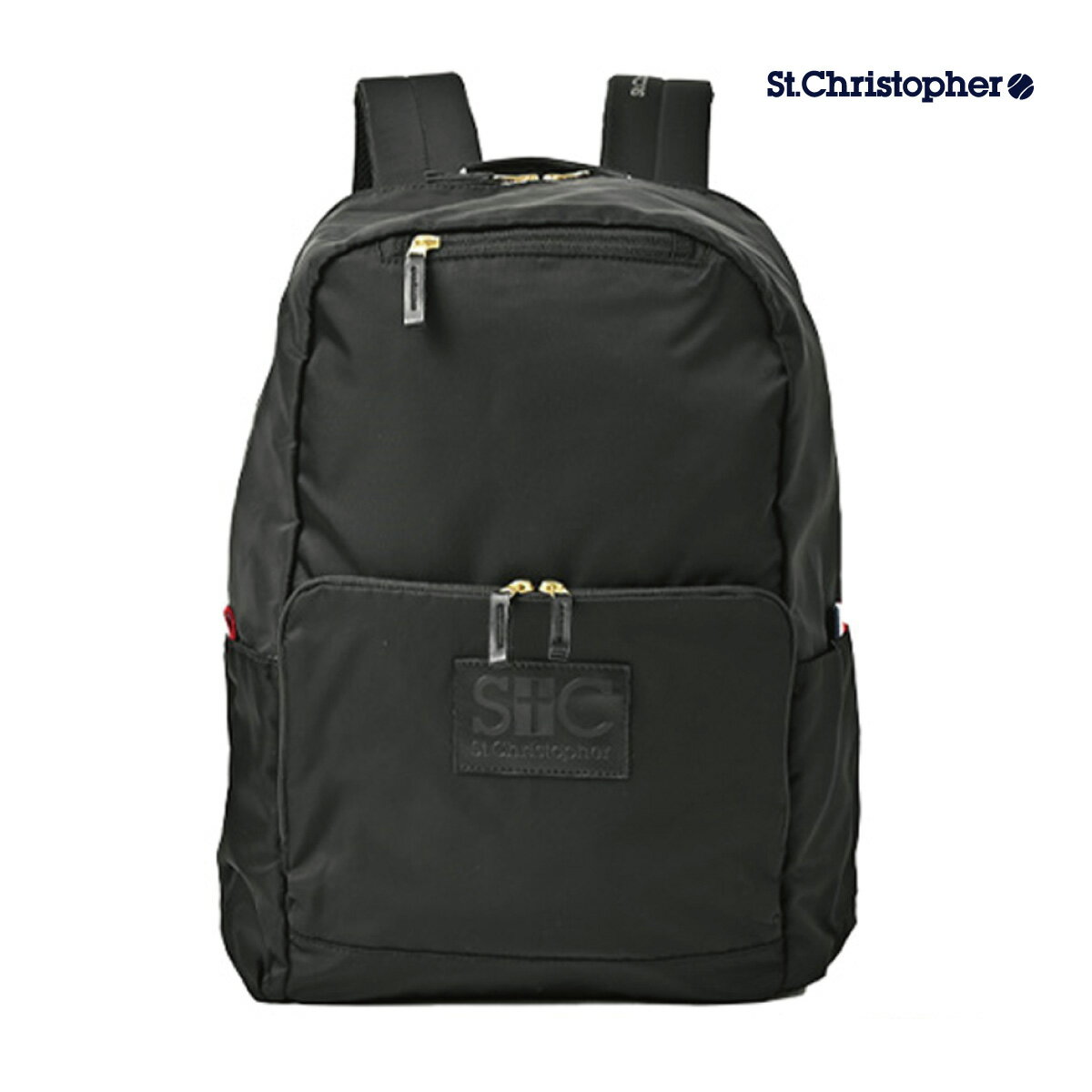 【商品名】バックパック 【品　番】stc-bcb3070-bk 【カラー】ブラック 【サイズ】　W32×D19×H45cm 【素材】ナイロンツイルPU/合皮内部にパソコンポケット+メッシュポケット、両サイドにアウターポケット、前面部にファスナーポケット