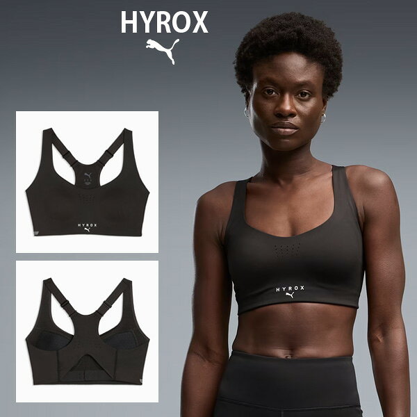【商品名】 PUMA x HYROX PWRMODE ブラトップ ミディアムサポート 【品番】 529149 【カラー】 (01)PUMA Black 【サイズ】 XS~XL XS: 胸囲68.5cm、すそ周り58~60cm、後ろ丈28~30cm S: 胸囲73cm、すそ周り64~66cm、後ろ丈30~32cm M: 胸囲79.5cm、すそ周り69~72cm、後ろ丈30.5~33.5cm L: 胸囲87.5cm、すそ周り79~81cm、後ろ丈31.5~34.5cm 【素材】 本体: ポリエステル71%ポリウレタン29% 裏地: ポリエステル87%ポリウレタン13% ウエストバンド: ポリエステル39%ナイロン38%ポリウレタン23% 【注意】 他の通販サイトと在庫共有しているため、ごくまれにご注文後でも在庫切れの場合がございます。 その際は連絡させて頂きますので、予めご了承ください。 また、実際の商品と比較し色味に若干の誤差が生じる場合がございますので、ご了承下さい。 【製造販売元】 プーマジャパン株式会社 メーカー希望小売価格はメーカーサイトに基づいて掲載していますPUMA x HYROXのスポーツブラは、高強度トレーニングからコンディショニングまで幅広いシーンで活躍するパフォーマンスウェアです。 タイトフィット設計と高いサポート力により、ランニングやサーキットトレーニングなどの激しい動きでも安定した着用感を提供し、トレーニング中のパフォーマンスをしっかり支えます。通気性を高める穴あき加工がムレを軽減し、快適な状態をキープ。さらに、調整可能なストラップとホック仕様により、自分に合ったフィット感に細かく調整できます。パッド付きでサポート性と安心感を両立し、長時間のトレーニングにも対応。機能性と快適性を兼ね備えた、日々のワークアウトに最適な一着です。 この商品はインポートサイズです。各サイズの詳細は「サイズガイド」をご確認ください。 PUMA x HYROXコレクション HYROXとパートナーシップを通じて、プーマは新たに吸汗速乾に優れた“dryCELL(ドライセル)”を採用し、さらに革新的な肌触りを実現したプーマ独自のテクロジー“Cloudspun(クラウドスパン)”を用いたアパレルのフルラインアップを提供します。また、シューズは、HYROX特注カラーとしてHYROXアスリートのパフォーマンス向上をサポートします。 ■特徴 リサイクル素材使用：より良い未来への一歩として、50%以上のリサイクル素材を使用 ■詳細 ・用途：トレーニング ・フィット感：タイトフィット ・丈：レギュラー ・パッドあり ・主な素材：インターロック素材 ・ブラのサポートレベル：高 ・通気性を高める穴空き加工 ・ストラップ調整器 ・ホック留め