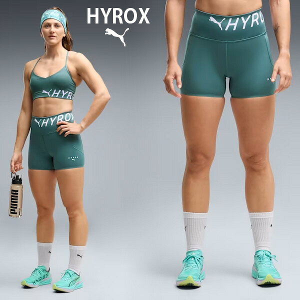 【商品名】 PUMA x HYROX PWRMODE 4インチ ショート タイツ 【品番】 529151 【カラー】 (69)Herb Garden 【サイズ】 XS~XL XS:ウエスト:60cm ヒップ:66cm 股下:10.5cm 脇丈:34.5cm もも渡り:47cm すそ周り:44cm S:ウエスト:63cm ヒップ:72cm 股下:10.5cm 脇丈:35.5cm もも渡り:49.5cm すそ周り:44cm M:ウエスト:68.5cm ヒップ:78cm 股下:10.5cm 脇丈:37.5cm もも渡り:52cm すそ周り:44cm L:ウエスト:76.5cm ヒップ:88cm 股下:10.5cm 脇丈:38.5cm もも渡り:59cm すそ周り:50cm L:ウエスト:76cm ヒップ:89cm 股下:65cm 脇丈:90cm もも渡り:60cm すそ周り:21cm 【素材】 本体:ポリエステル71%ポリウレタン29% ウエスト内側:ポリエステル87%ポリウレタン13% 【注意】 他の通販サイトと在庫共有しているため、ごくまれにご注文後でも在庫切れの場合がございます。 その際は連絡させて頂きますので、予めご了承ください。 また、実際の商品と比較し色味に若干の誤差が生じる場合がございますので、ご了承下さい。 【製造販売元】 プーマジャパン株式会社 メーカー希望小売価格はメーカーサイトに基づいて掲載していますPUMA x HYROXのショートタイツは、高強度トレーニングに求められる機能性と快適性を兼ね備えたパフォーマンスウェアです。 スプリントやバーピー、ストレッチなど、多様でアクティブな動きに対応する設計で、トレーニング中の動作を妨げず、安定したフィット感を提供します。伸縮性に優れたインターロック素材を採用し、身体にしなやかにフィットしながら、快適な着用感をキープ。さらに、通気性を高める穴あき加工により、運動中のムレを軽減し、長時間のワークアウトでも快適さを維持します。太もも部分にはドロップインポケットを備え、実用性も確保。機能性と動きやすさを追求した、トレーニングに最適な一着です。 この商品はインポートサイズです。各サイズの詳細は「サイズガイド」をご確認ください。 PUMA x HYROXコレクション HYROXとパートナーシップを通じて、プーマは新たに吸汗速乾に優れた“dryCELL(ドライセル)”を採用し、さらに革新的な肌触りを実現したプーマ独自のテクロジー“Cloudspun(クラウドスパン)”を用いたアパレルのフルラインアップを提供します。また、シューズは、HYROX特注カラーとしてHYROXアスリートのパフォーマンス向上をサポートします。 ■特徴 リサイクル素材使用：より良い未来への一歩として、50%以上のリサイクル素材を使用 ■詳細 ・用途：トレーニング ・フィット感：レギュラー ・丈：膝上丈 ・クローズヘム ・主な素材：インターロック素材 ・ライズ：ミディアム ・ポケット：太ももにドロップインポケットx2 ・通気性を高める穴空き加工