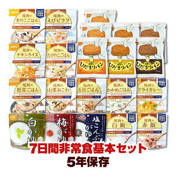 送料無料・同梱可 災害時に必要な1週間分の食料をコンパクトにまとめた保存食セットです。 17種類21食の豊富なメニューが揃っており、飽きることなく食事を楽しむことができます。 5年間の長期保存が可能で、南海トラフ巨大地震の被害想定に基づく備蓄にも最適です。 家庭や職場での防災対策にぜひご活用ください。 ●セット内容 ▽尾西食品 アルファ米 14種類(各1袋) 1.白飯 2.五目ごはん 3.赤飯 4.わかめごはん 5.きのこごはん 6.白がゆ 7.梅がゆ 8.塩こんぶがゆ 9.松茸ごはん 10.山菜おこわ 11.ドライカレー 12.チキンライス 13.たけのこごはん 14.えびピラフ ▽尾西食品 ひだまりパン 3種類 15.プレーン×3個 16.メープル×2個 17.チョコ×2個 ●賞味期限：5年 ※賞味期限は商品により異なります。 ※弊社の場合、必ず賞味期限が5年以上のものをお届けします。 ●サイズ 約350×250×190mm ●防災マニュアル付き（PDF） 災害が発生した際に、少しでもお客様のお役に立てればと思い「防災マニュアル」を作成しました。 WEBサイト上で確認できるようになっており、URLとQRコードを商品に同梱してお届け。ダウンロードも可能です。 ※メーカー直送のお客様に関しては商品に同梱することが出来ませんので発送完了メールにURLを記載させて頂きます。