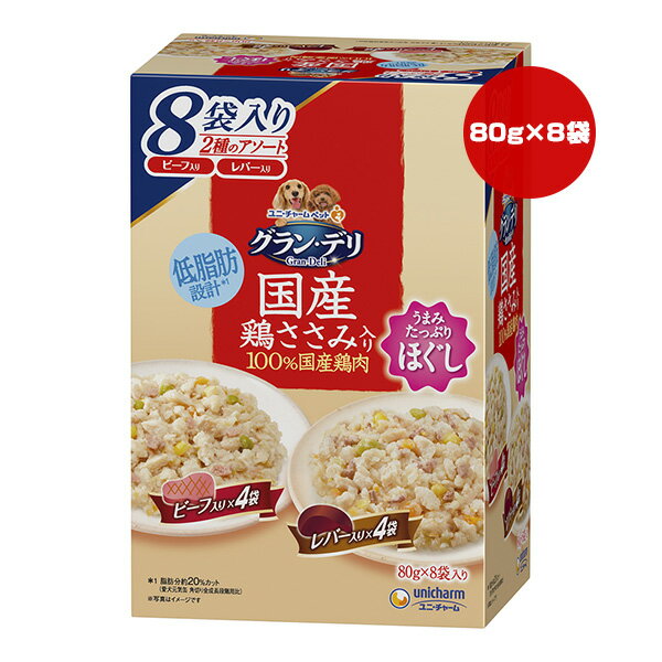 グランデリ 国産鶏ささみ入り 100％国産鶏肉 ほぐし 80g×8袋入り 2種のアソート ビーフ入り レバー入り ユニチャーム ▼a ペット フード 犬 ドッグ ウェット パウチ 成犬用 低脂肪 unicharm GC8-1