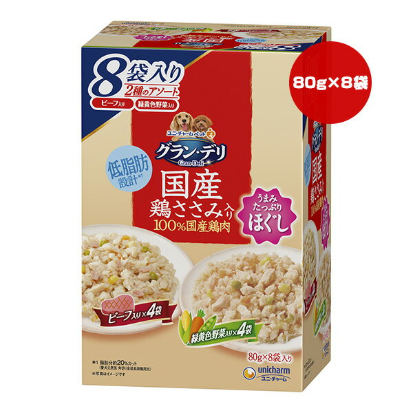 Natural - グランデリ 国産鶏ささみ入り 100％国産鶏肉 ほぐし 80g×8袋入り 2種のアソート ビーフ入り・緑黄色野菜入り ユニチャーム ▼a ペット フード 犬 ドッグ ウェット パウチ 成犬用 低脂肪 unicharm GC8-2