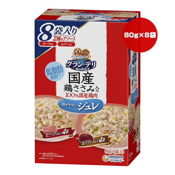 グランデリ 国産鶏ささみ入り 100％国産鶏肉 ジュレ 80g×8袋入り 2種のアソート ビーフ入り レバー入り ユニチャーム ▼a ペット フード 犬 ドッグ ウェット パウチ 成犬用 低脂肪 unicharm GC8-4