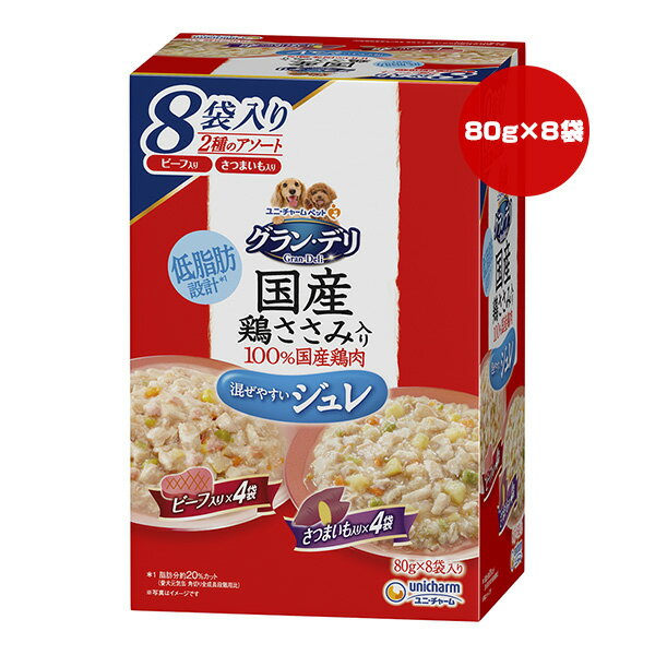 グランデリ 国産鶏ささみ入り 100％国産鶏肉 ジュレ 80g×8袋入り 2種のアソート ビーフ入り さつまいも入り ユニチャーム ▼a ペット フード 犬 ドッグ ウェット パウチ 成犬用 低脂肪 unicharm GC8-6