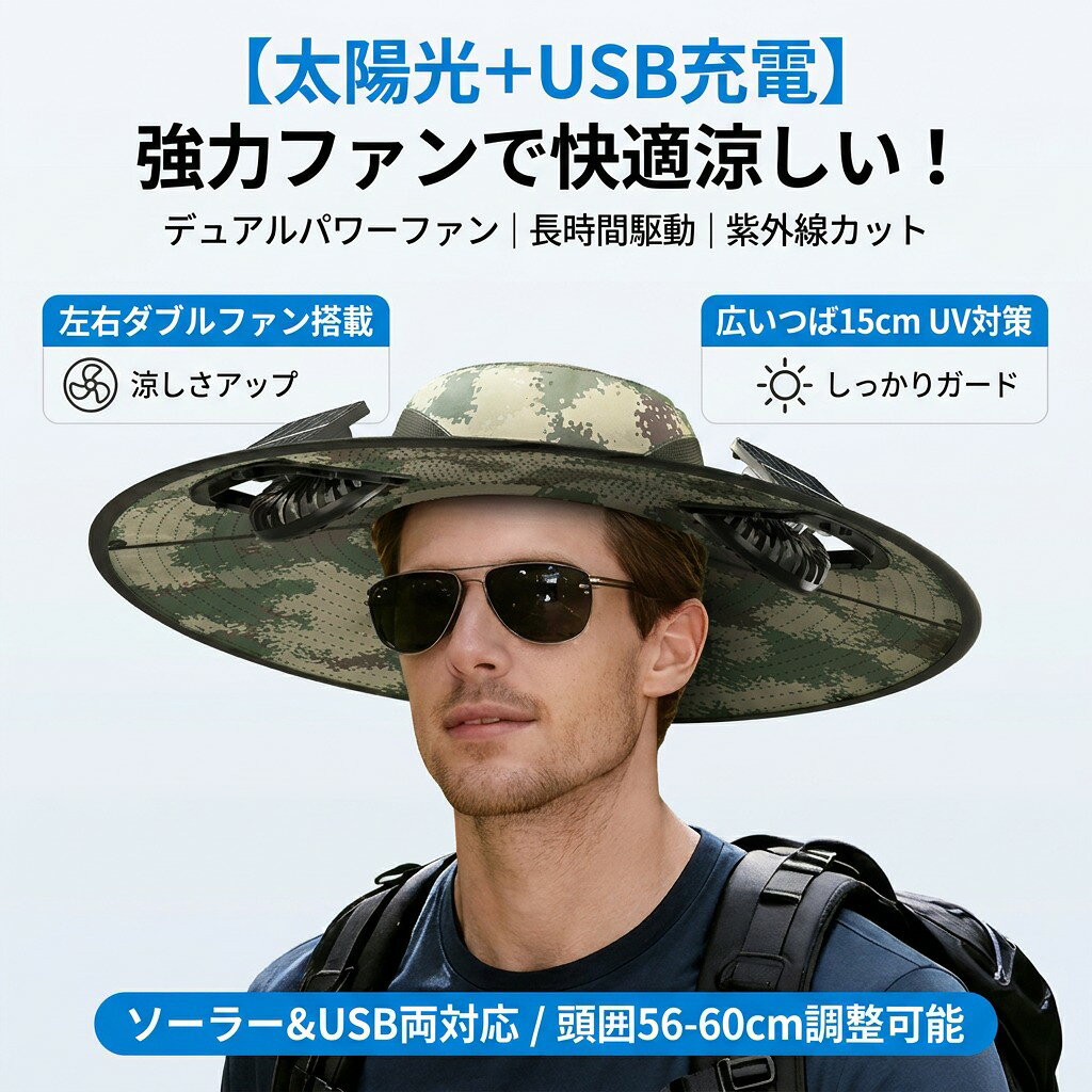 SUMMER OUTDOOR GEAR Wソーラー・USB充電式 扇風機付き帽子 圧倒的な涼しさと日よけ効果！左右のダブルファンで夏を快適に。 強い日差しから顔をガードする15cmの広いつばに加え、左右に2つのファンを搭載。太阳光とUSBのどちらでも充電できる次世代の熱中症・紫外線対策ハットです。 炎天下でも涼しく過ごせる 4つの特徴 ハイブリッド充電（ソーラー ＋ USB） 屋外ではソーラーパネルで太陽光充電、屋内や日陰ではUSB充電ができるエコ＆便利なデュアルパワー仕様。 左右のダブルファンで効率冷却 帽子の左右に配置された2つのファンが、顔周りに心地よい涼風を届け、夏の不快な暑さを和らげます。 15cmの幅広つばで紫外線カット しっかりとした15cmの長さがあるつばが、お肌の天敵である紫外線や強い直射日光から顔全体をガード。 優れた通気性 ＆ 吸汗速乾 帽子内側には汗止めベルトを採用。汗をかいてもベタつきにくく、素早く乾くため、いつでもサラサラとした快適な被り心地。 あらゆるアウトドアシーンで大活躍！ 日常のお出かけやウォーキングをはじめ、登山、園芸・ガーデニング、ゴルフ、農作業、釣り、自転車、旅行やキャンプなど、夏の屋外活動に欠かせないマストアイテムです。 商品仕様 商品名 W充電式ファン付きサンハット（扇風機付き帽子） サイズ 頭回り：約56~60cm つばの長さ：約15cm 帽子の深さ：約10cm 材質 ABS、ポリエステル、他 充電時間 約3時間（ご使用環境により前後します） 充電方法 ソーラー充電 ＋ USBケーブル充電 注意事項 ・ラッピング対応は行っておりません。 ・予告なく仕様変更になる場合がございます。 ・写真はイメージです。実際の商品と若干異なる場合がございます。 ・基本は全国一律送料無料と対応させていただきますが、沖縄・北海道・離島地域へお届けの場合は別途送料をご請求させていただきます。 ・商品のサイズは採寸方法によって、若干な誤差が生じる場合はあります。ご了承ください。 品質保証 ・出品商品は全て新品未使用です。 ・安心の初期不良対応 ：万が一商品に不具合があった場合は、商品到着後7日以内にご連絡ください。 ・不具合の状況確認のため、写真や動画のご提供をお願いする場合がございます。確認後、速やかに「新品交換」または「ご返金」にて対応させていただきます。 ・お客様に安心してご購入いただけるよう、誠心誠意サポートいたします。「悪い評価」を付ける前に、まずはお気軽にご相談ください。 検索関連ワード 扇風機付き帽子, ファン付きハット, ソーラー充電, USB充電, ハイブリッド充電, Wソーラー, ダブルファン, 左右2ファン, サンハット, サファリハット, つば広帽子, つば広15cm, UV対策帽子, 日よけ帽子, 日除け, 紫外線カット, 直射日光対策, 熱中症対策グッズ, 暑さ対策, 涼しい帽子, 涼風, 通気性, 吸汗速乾, 汗止めベルト, ベタつきにくい, 折りたたみ帽子, コンパクト, 軽量, メンズ, レディース, 男女兼用, アウトドア用, 登山, トレッキング, 釣り, 園芸, ガーデニング, 自転車, サイクリング, 旅行, レジャー, ゴルフ, ウォーキング, 散歩, 海, キャンプ, 炎天下, 熱い日, 日差し, 熱風対策, 新生活, 送料無料, プレゼント, ギフト, 母の日, 父の日, 楽天スーパーSALE, お買い物マラソン, 2026新登場, SUMMER OUTDOOR GEAR, エコ充電, 屋外, 屋内, 日陰, 充電式, バッテリー内蔵, 大人気, 話題の, おすすめ, 定番注意事項：モニターの発色により、実物と異なる場合がございます。