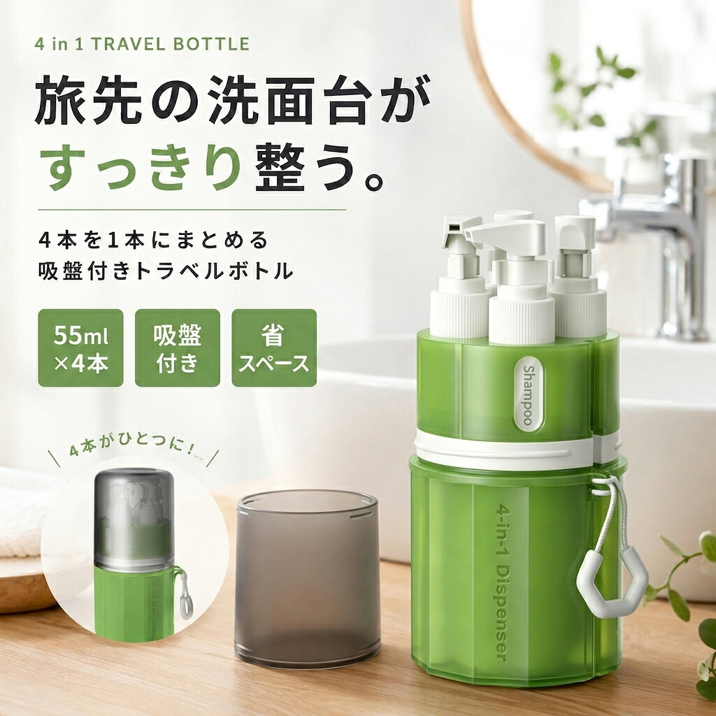4 IN 1 TRAVEL BOTTLE 4本をひとまとめ。 旅先でも、お風呂でもすっきり。 シャンプー・コンディショナー・ボディソープ・洗顔などを 55ml×4本に分けて収納できる 4in1トラベルボトル こんなお悩みありませんか？ 旅行用のボトルがバッグの中でバラバラになる 洗面用品が増えてごちゃごちゃする ホテルの浴室・洗面台に置き場所が少ない 毎回小分け容器を準備するのが面倒 4本をひとまとめにして、すっきり解決。 POINT 01 55ml×4本を、これ1つに。 4つの内ボトルはそれぞれ独立。 シャンプー・コンディショナー・ボディソープ・洗顔料など、 異なる洗面用品を分けて収納できます。 POINT 02 吸盤でピタッと、浮かせて収納。 背面の吸盤を使って、浴室タイル・ガラス・鏡などの 平らで光沢のある面に取り付けできます。 穴あけ不要　／　工具不要　／　取り外し簡単 ※凹凸・ザラつきのある壁面、目地部分などには 吸着しにくい場合があります。 POINT 03 使いやすい高さに設置。 使う人に合わせて、手が届きやすい位置へ。 大人にも、お子さまにも使いやすい高さに調整できます。 POINT 04 内ボトルは取り外しOK。 使いたいボトルだけを取り出して使用可能。 用途や旅行日数に合わせて自由に組み合わせられます。 シャンプー ／ 化粧水 ／ 乳液 ／ 洗顔料 など POINT 05 使いやすさを高める便利な付属品。 ラベルシールで中身を分かりやすく。 用途に合わせて使えるスプレーポンプも付属しています。 POINT 06 まとめて収納、旅先へスマートに。 4本をケースにまとめて持ち運べるから、 バッグの中で散らばりにくく、旅行の荷造りもすっきり。 ※完全防水・完全密閉を保証するものではありません。 POINT 07 旅行・出張・温泉・ジムにも。 1本あたり約55mlのコンパクトサイズ。 国内外旅行・出張・温泉・ジム・キャンプなど、 さまざまなシーンで活躍します。 ※航空機へ持ち込む際は、各航空会社・空港の 手荷物規定をご確認ください。 セット内容・仕様 55mlボトル×4 スプレーポンプ×1 ラベルシール×1 収納ケース×1 収納袋×1 カップ×1 商品詳細 商品名 4in1 トラベルボトル 型番 X2 本体サイズ 約79×79×165mm 容量 約55ml×4本 本体重量 約335g カラー グリーン／ピンク／グレー 内ボトル材質 PE カップ材質 ABS ご使用上の注意 ・吸盤を取り付ける前に、取り付け面の水分・油分・汚れをきれいに拭き取ってください。 ・凹凸面、ザラつきのある壁面、目地部分などには取り付けできない場合があります。 ・長期間貼り付けたままにせず、定期的に吸着状態をご確認ください。 ・粘度の高い液体はポンプから出にくい場合があります。 ・液体の種類によっては長期間保存せず、早めに使い切ってください。 ・サイズ・重量は測定方法により多少の誤差が生じる場合があります。 ・輸送時に外箱へ多少のキズ・汚れ・へこみ等が生じる場合があります。 ・モニター環境により、実際の商品と色味が異なって見える場合があります。 ・商品改良のため、予告なく仕様・デザイン・パッケージの一部を変更する場合があります。