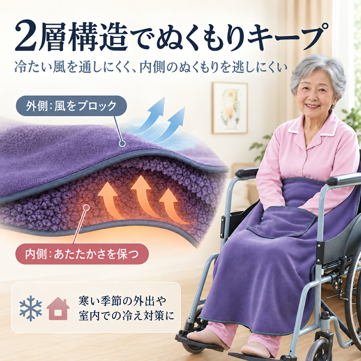 車椅子用 ブランケット 防寒 ひざ掛け あったか 足元カバー 裏ボア 2層構造 ゴムバンド固定 ポケット付き フリース 車いす 防寒カバー 高齢者 シニア 介護 秋冬 外出 室内 パープル ピンク グレー runrunwell-10006805 ランランウェル サンプル画像2