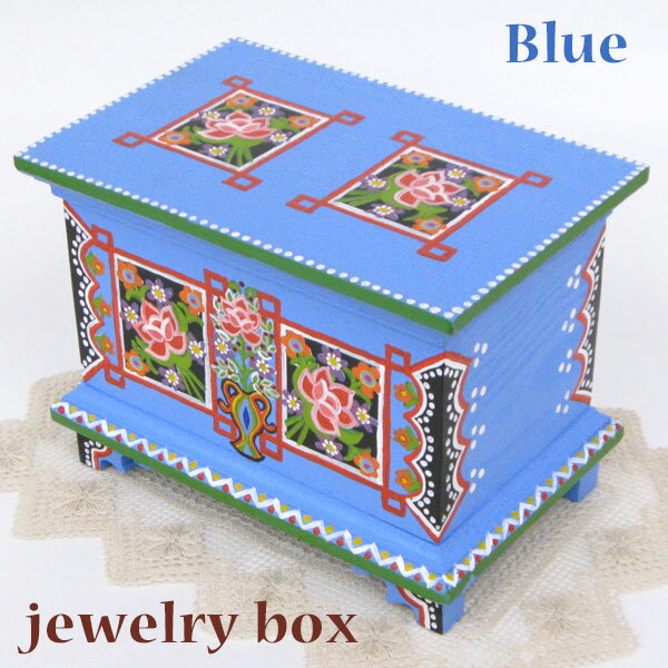 ポーランド　フォークアート 木の小箱　木製　小物入れ　宝石箱 ブルーハンドメイド彩色 東欧雑貨　ジュエリーボックス