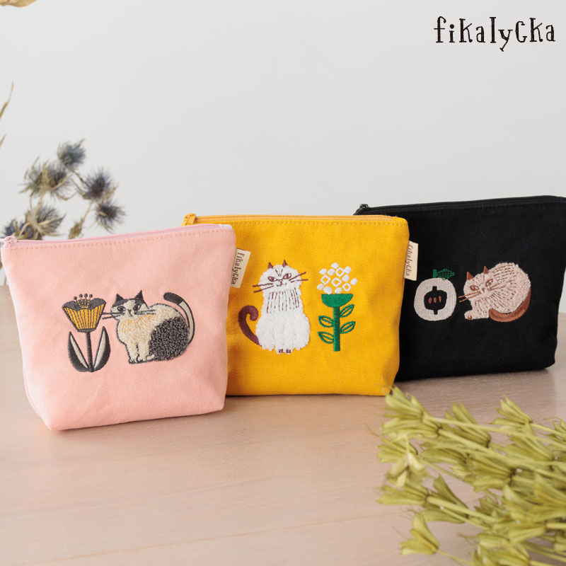 Rakuten - ポーチ fikalycka ネコ 綿混 サガラ刺繍 猫 小物入れ 化粧ポーチ メイクポーチ メール便可