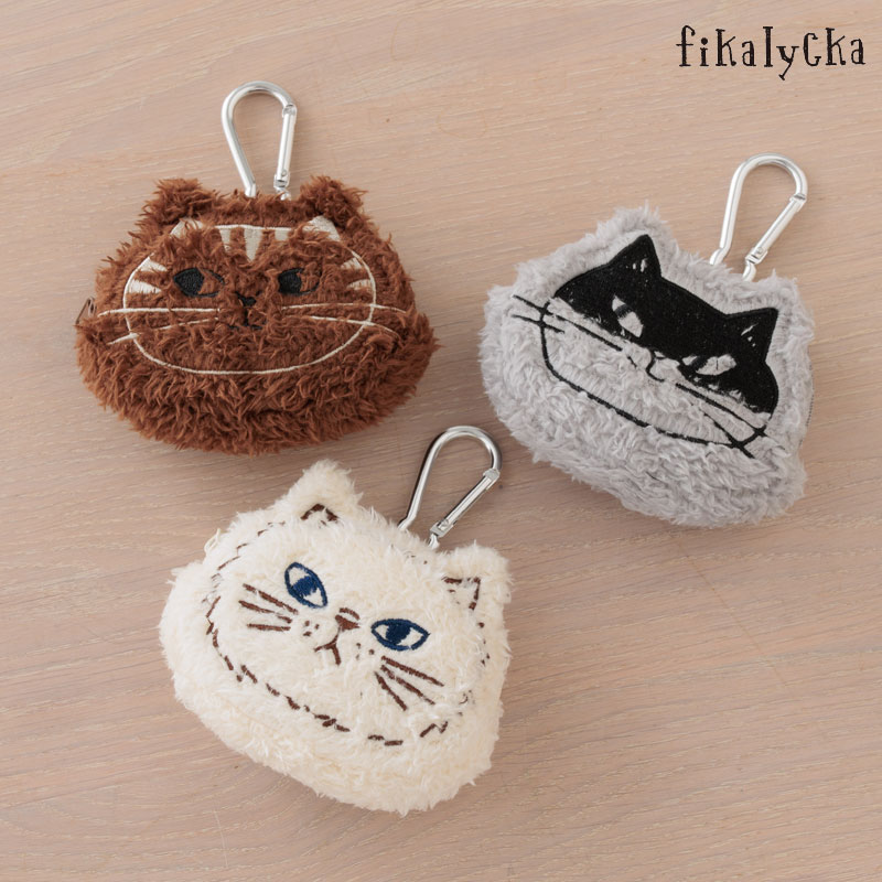 Rakuten - ポーチ カラナビ付き fikalycka フェイス 猫 刺繍 おしゃれ 小物入れ キーホルダー ぬいぐるみ