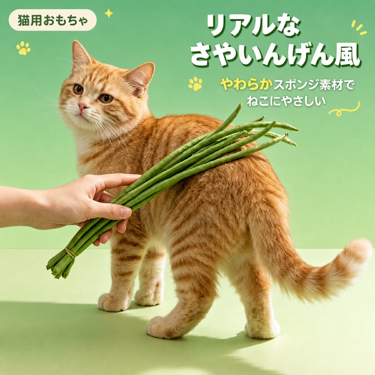 商品情報 🐾 いんげん型が楽しい猫用おもちゃ 長いさやいんげんを束ねたような、遊び心のある野菜モチーフ。見慣れない形とゆらゆらした動きで、猫ちゃんの興味を引きつけます。 🐾 手に持って一緒にじゃらすタイプ 本品を手で持ち、床の上やソファの横などでゆっくり動かして遊びます。飼い主さんとのコミュニケーション時間や、室内での遊び相手におすすめです。 🐾 しなやかなロング形状 長い豆のような部分が、動かすたびに自然に揺れるデザイン。追いかけたり、前足で触れたり、くわえたりと、猫ちゃんそれぞれの遊び方を楽しめます。 🐾 やわらかなスポンジ素材 仕入先画像ではスポンジ素材を使用した柔らかな仕様と案内されています。硬い棒状おもちゃとは異なる、やさしい手触りの猫用トイです。 🐾 おうち時間の運動・気分転換に 室内でも手軽に遊びを取り入れられるキャットトイ。日々の気分転換や、飼い主さんと向き合う遊び時間に活躍します。 仕様・スペック 商品名 仿真いんげん猫じゃらし カラー グリーン 材質 スポンジ素材（仕入先画像表記） サイズ・セット内容 仕入先への確認後に追記してください。 生産国 仕入先への確認後に追記してください。 ご購入前の注意事項 ・本品は猫用おもちゃです。食べ物ではありません。 ・誤飲や破損を防ぐため、必ず飼い主様の目の届く場所でご使用ください。 ・破損、ほつれ、変形が見られた場合は使用を中止してください。 ・遊び方や猫ちゃんの性格により、反応には個体差があります。