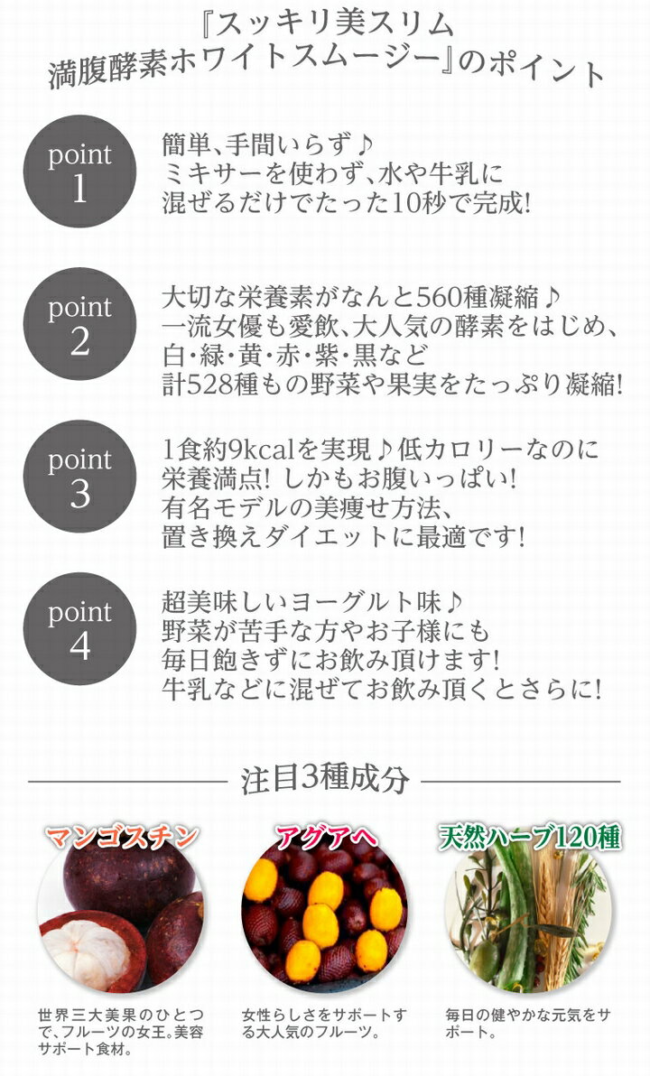 【送料無料】スッキリ美スリム満腹ホワイトスムージー《1杯9kcal、ダイエット、22種類乳酸菌、熟成酵素、食物繊維、スムージー、ケフィア、マンゴスチン、アグアヘ》