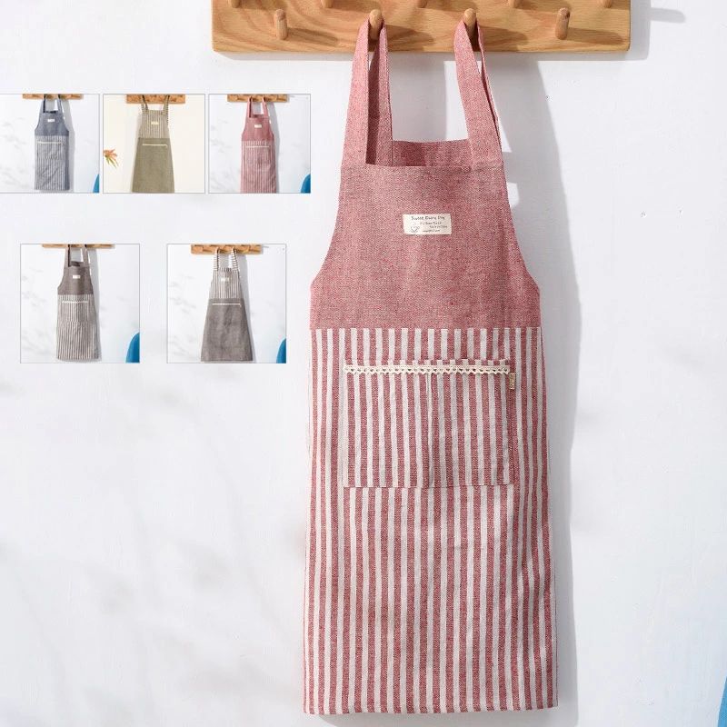 Gingham Aprons - H型エプロン 文芸 気質 しま ポケット付き 油防止 保育園 学校 料理教室用 カフェエプロン おしゃれ 女性用 男性用 5カラー 女子へのプレゼント 送料無料