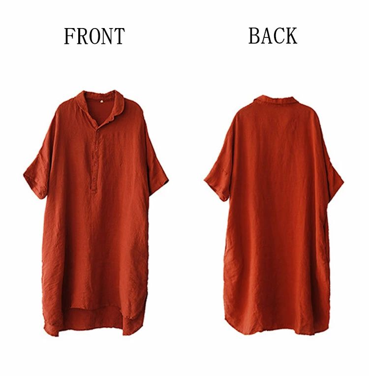 チュニックワン スリット ポケット付き ワンピ リネン ボタン 折り襟 半袖 レディース ロングシャツ 夏 麻 綿 シャツワンピース