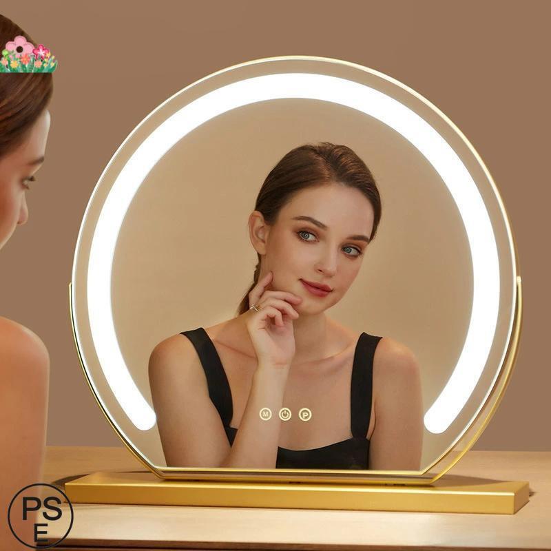 女優ミラー 卓上ミラー ライト付き 大きい 丸型 三色調光 鏡 led ライト付きミラー 化粧鏡 おしゃれ led ライト付き メイク アップ ミラー 充電式 贈り物 新居