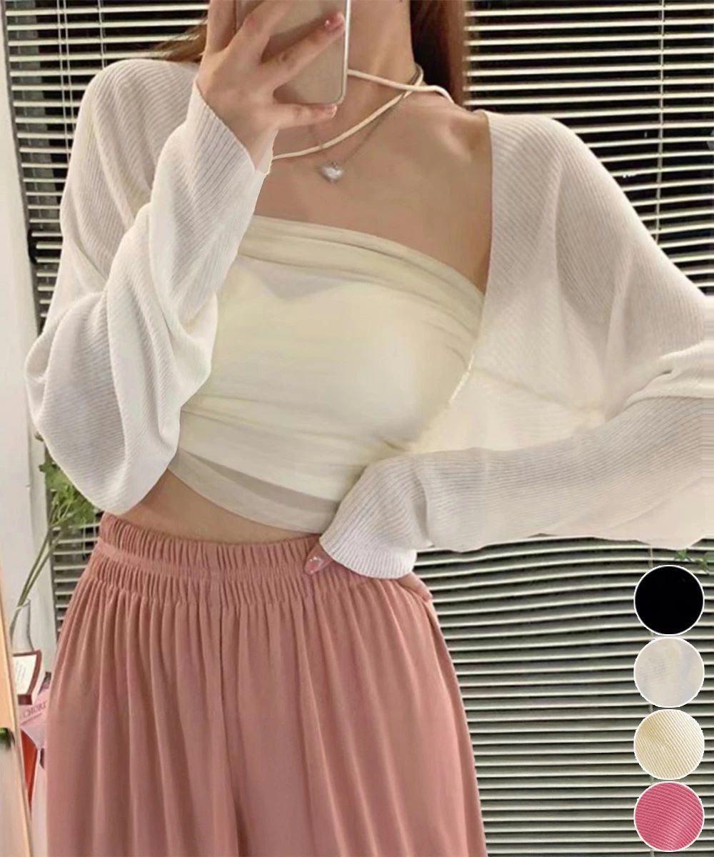 ボレロ レディース クロップド丈 リブニットカーディガン 冷感タッチ 夏トップス 紫外線対策 サマーニット カジュアル おしゃれ