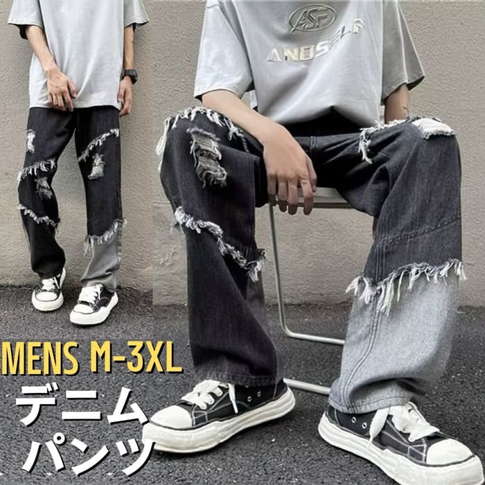Pants - デニムパンツ メンズ ダメージ加工 カラー切替 ボトムス 韓国 原宿 ストリート 通勤 高校生 中学生 通学 10代 20代 夏 ファッション オシャレ 15701