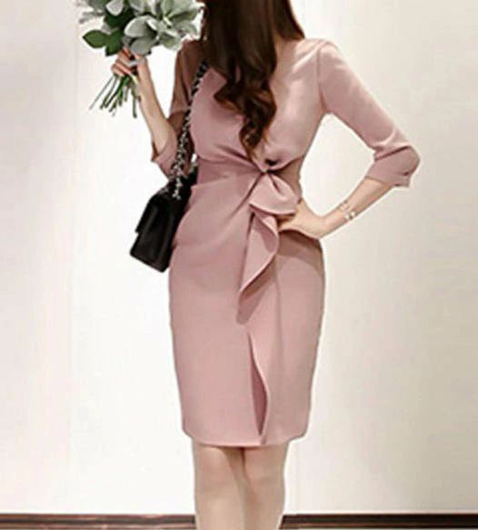 お呼ばれ タイト ハイウエスト 大人 可愛い フォーマル フェミニン 40代 きれいめ ワンピース フリル 上品 長袖 30代 エレガント