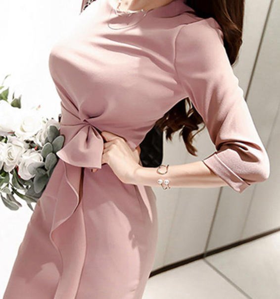 お呼ばれ タイト ハイウエスト 大人 可愛い フォーマル フェミニン 40代 きれいめ ワンピース フリル 上品 長袖 30代 エレガント