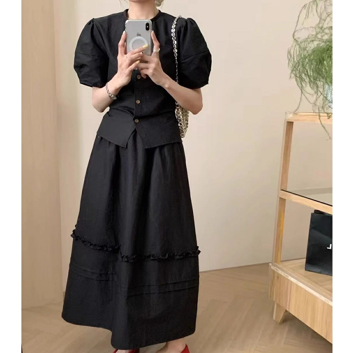 【セットアップ】パフスリーブブラウス セット セットアップ 春 スカート きれいめ 秋 着回し ロングスカート 上下セット 夏