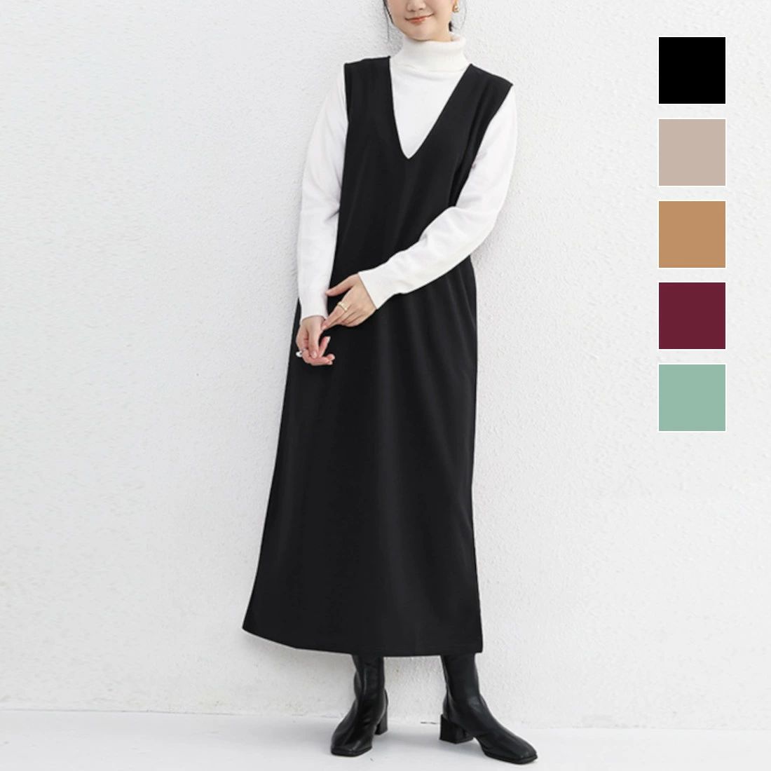 シンプル ロングワンピース 夏 大人 カジ 楽ちんなのにきれい見えするVネックジャンバースカート きれいめ ノースリーブ