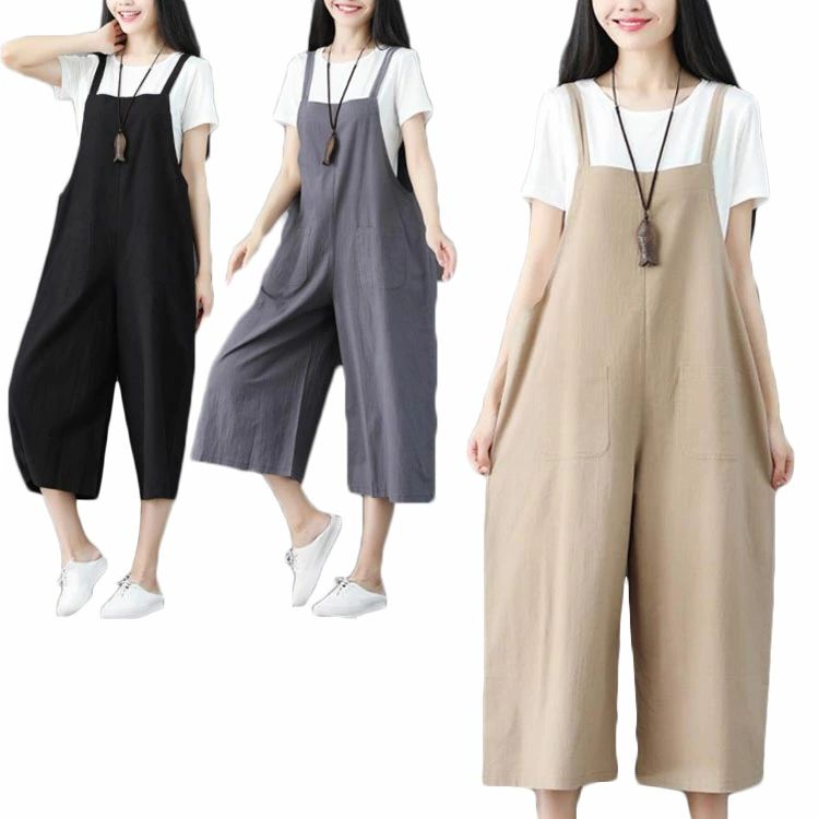 リネン サロペットワイドパンツ パンツ オーバーオール ゆったりボトムス レディース 薄手 大きい オールインワン 夏 サロペット