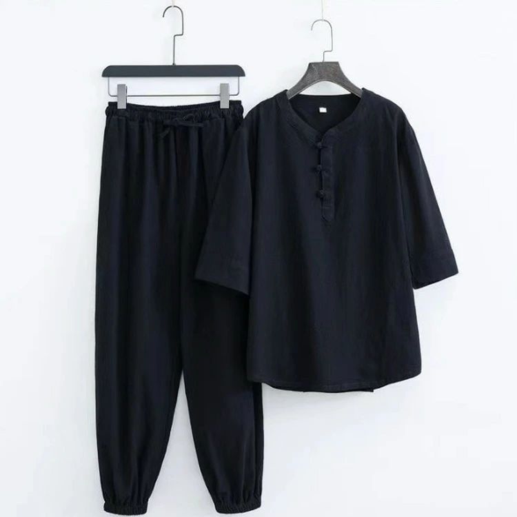 綿麻甚平 大人 綿麻 男性 パジャ おしゃれ 2点セット シンプル リネン 上下セット 涼しい じんべい ヘンリーネック ロングパンツ