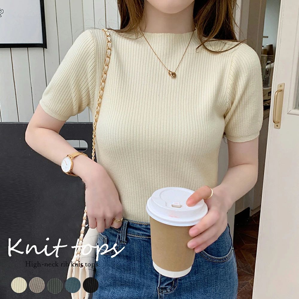 【送料無料】プチハイネック 半袖 プルオーバー ニットソ ニットソー サマーニット レディース トップス リブニット 無地 タイト