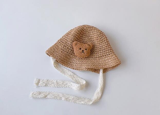 ベビー くま 麦わら風帽子 赤ちゃん ベージュ ブラウン 綿 コットン おしゃれ 可愛...