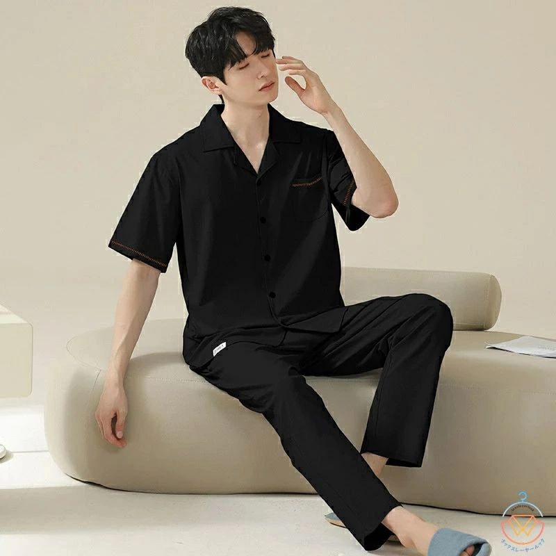 夏 春 おしゃれ 紳士 上下セット メンズパジャマ ルームウェア 夏用 セットアップ 無地 シンプル 前開き 半袖 メンズ