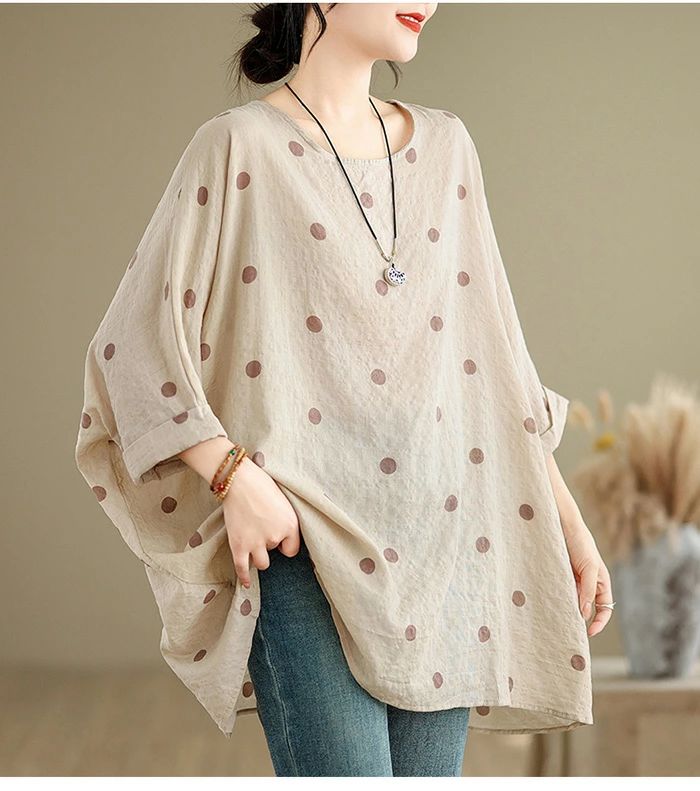 プルオーバー ゆったり ブラウス ドット柄 水玉 トッ チュニック 大きいサイズ レディース Tシャツ 五分袖 五分袖 大きいサイズ
