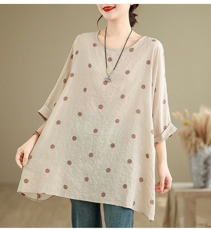 プルオーバー ゆったり ブラウス ドット柄 水玉 トッ チュニック 大きいサイズ レディース Tシャツ 五分袖 五分袖 大きいサイズ
