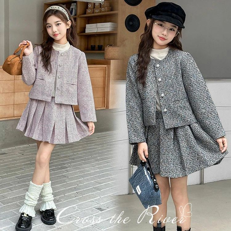 卒業式 スーツ 女の子 入学式 ツイード セットアップ ジャケット スカート 2点セット 卒服 小学校女子 セット キッズ ゆったり 小学生 かわいい 韓国 制服 長袖 ピアノ発表会 ドレス 子供 フォーマル 発表会 ジュニア 子供服 学園祭 卒園式 女子 中学生 オシャレ
