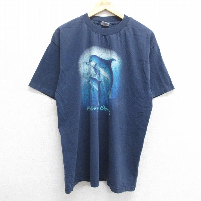 【中古】古着 半袖 ビンテージ ヴィンテージTシャツ メンズ 00年代 00s poetry in ocean イルカ コットン クルーネック 丸首 紺 ネイビー XLサイズ 中古 | 春夏 夏物 夏服 ヴィンテージTシャツ メンズファッション カットソー ティーシャツ ティシャツ メンズTシャツ 2OF