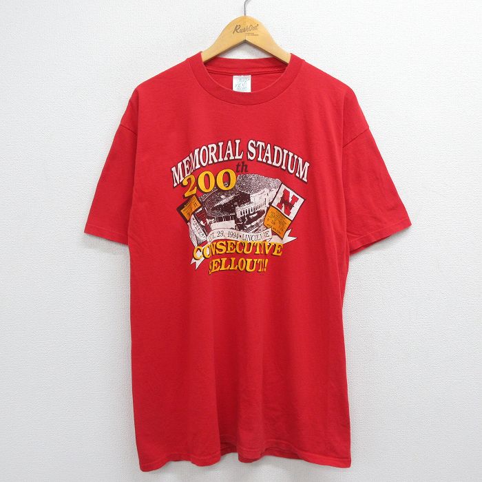 古着 半袖 ビンテージ ヴィンテージTシャツ メンズ 90年代 90s ネブラスカハスカーズ スタジアム コットン クルーネック 丸首 赤 レッド XLサイズ 中古 | 春夏 夏物 夏服 ヴィンテージTシャツ メンズファッション カットソー ティーシャツ ティシャツ メンズT 2OF