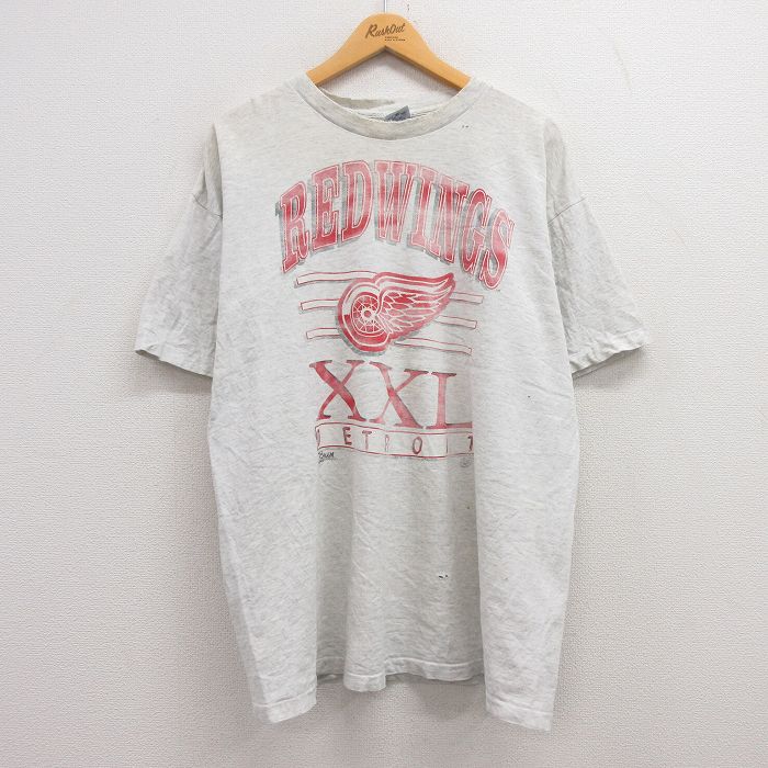 【中古】古着 半袖 ビンテージ ヴィンテージTシャツ メンズ 90年代 90s NHL デトロイトレッドウィングス 大きいサイズ 2L LL ビッグシルエット ゆったり ビッグサイズ オーバーサイズ コットン クルーネック 丸首 USA製 アメリカ製 薄グレー 霜降り アイスホッケー XL 2OF