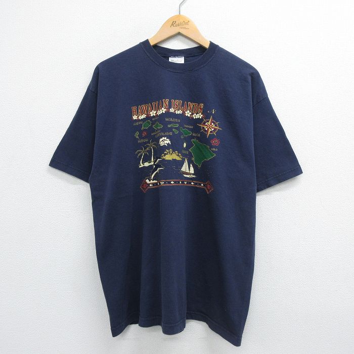 【中古】古着 半袖 ビンテージ ヴィンテージTシャツ メンズ 90年代 90s ハワイ 地図 イルカ 船 コットン クルーネック 丸首 USA製 アメリカ製 紺 ネイビー XLサイズ 中古 | 春夏 夏物 夏服 ヴィンテージTシャツ メンズファッション カットソー ティーシャツ ティシャツ 2OF