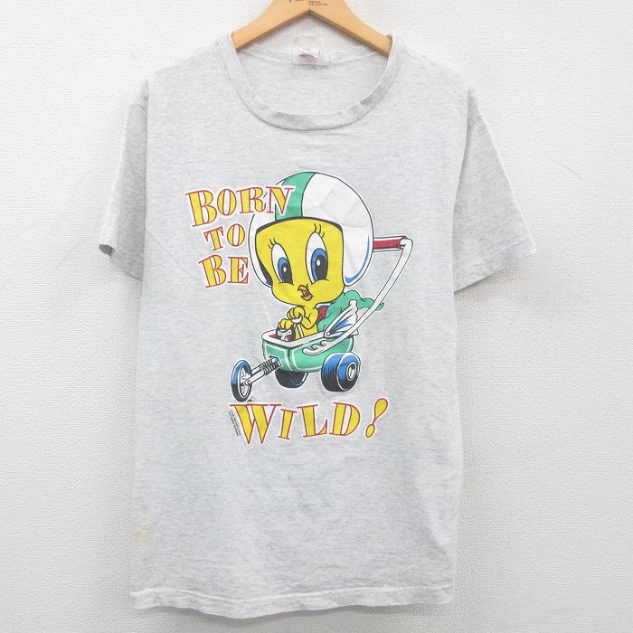 古着 半袖 ビンテージ ヴィンテージTシャツ メンズ 90年代 90s ルーニーテューンズ LOONEY TUNES トゥイーティー コットン クルーネック 丸首 USA製 アメリカ製 薄グレー 霜降り XLサイズ 中古 551180