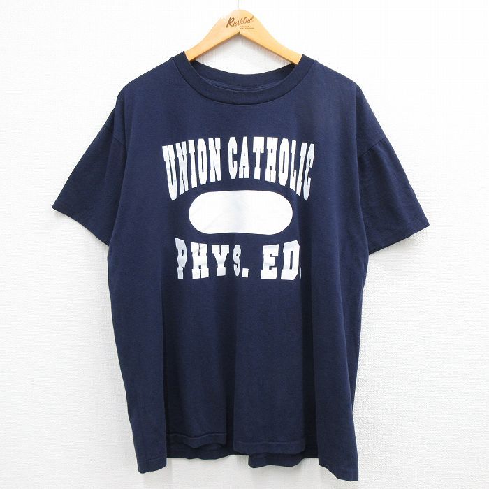 古着 半袖 ビンテージ ヴィンテージTシャツ メンズ 90年代 90s UNION CATHOLIC クルーネック 丸首 USA製 アメリカ製 紺 ネイビー XLサイズ 中古 | 春夏 夏物 夏服 ヴィンテージTシャツ メンズファッション カットソー ティーシャツ ティシャツ メンズTシャツ