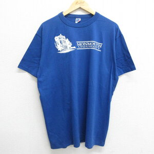 【中古】古着 ラッセル 半袖 ビンテージ ヴィンテージTシャツ メンズ 80年代 80s モンマス 大学 大きいサイズ 2L LL ビッグシルエット ゆったり ビッグサイズ オーバーサイズ クルーネック 丸首 USA製 アメリカ製 青 ブルー XLサイズ 中古 | 春夏 夏物 夏服 ヴィンテー