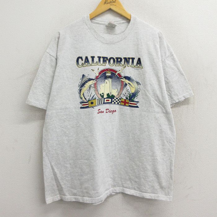 【中古】古着 ヘインズ Hanes 半袖 ビンテージ ヴィンテージTシャツ メンズ 00年代 00s カリフォルニア 灯台 イルカ 魚 クルーネック 丸首 薄グレー 霜降り XLサイズ 中古 | 春夏 夏物 夏服 ヴィンテージTシャツ メンズファッション カットソー ティーシャツ ティシャ 2OF