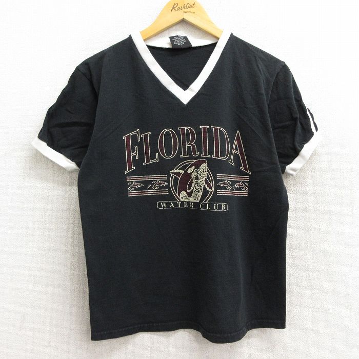 【中古】古着 半袖 ビンテージ ヴィンテージTシャツ メンズ 90年代 90s フロリダ イルカ コットン Vネック USA製 アメリカ製 黒他 ブラック Mサイズ 中古 | 春夏 夏物 夏服 ヴィンテージTシャツ メンズファッション カットソー ティーシャツ ティシャツ メンズTシャツ