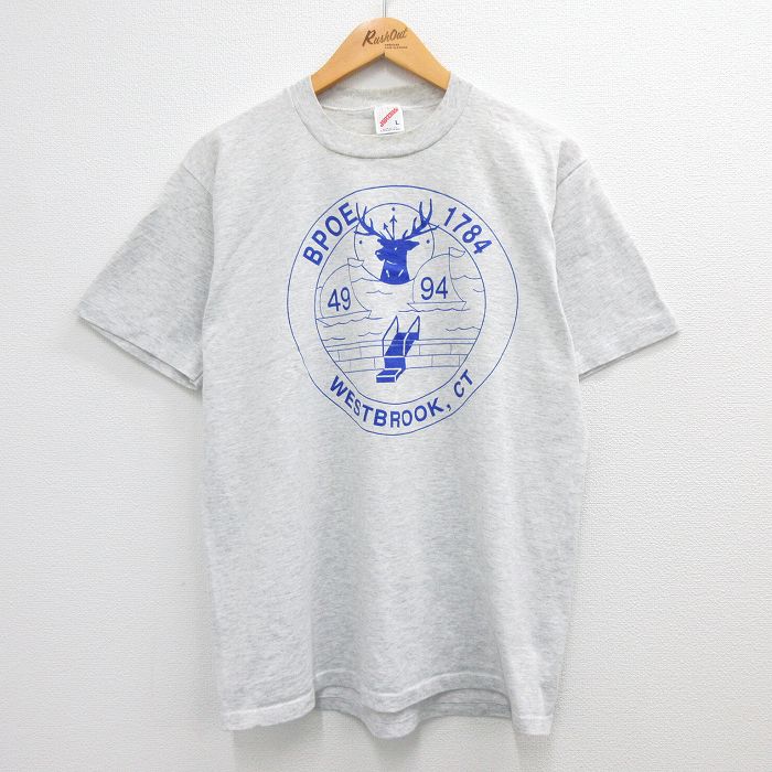 【中古】古着 半袖 ビンテージ ヴィンテージTシャツ メンズ 80年代 80s WESTBROOK 鹿 クルーネック 丸首 USA製 アメリカ製 薄グレー 霜降り Lサイズ 中古 春夏 夏物 夏服 ヴィンテージTシャツ メンズファッション カットソー ティーシャツ ティシャツ メンズTシャツ