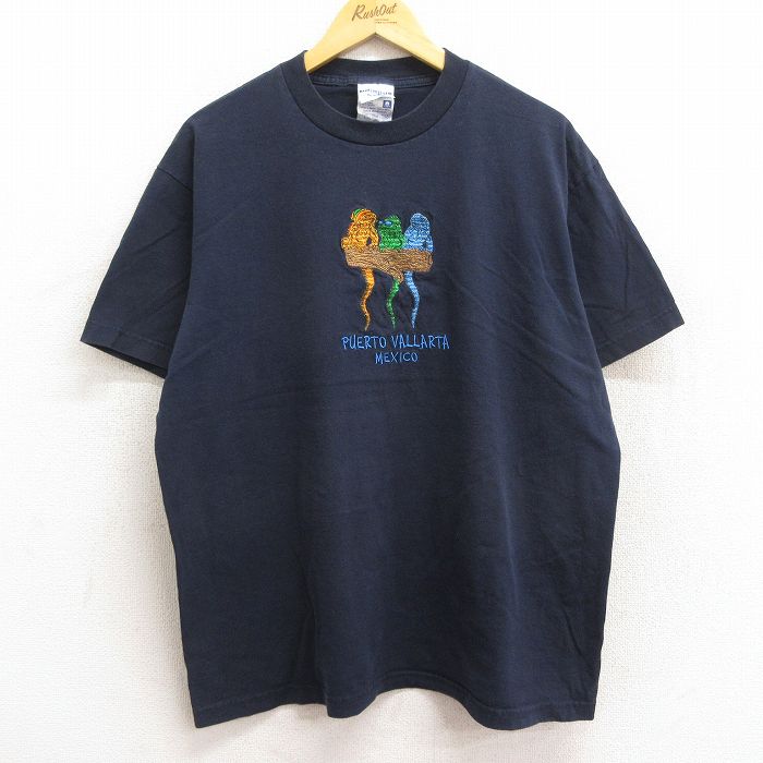 【中古】古着 半袖 ビンテージ ヴィンテージTシャツ メンズ 00年代 00s カメレオン 刺繍 コットン クルーネック 丸首 紺 ネイビー XLサイズ 中古 | 春夏 夏物 夏服 ヴィンテージTシャツ メンズファッション カットソー ティーシャツ ティシャツ メンズTシャツ 半袖Tシ