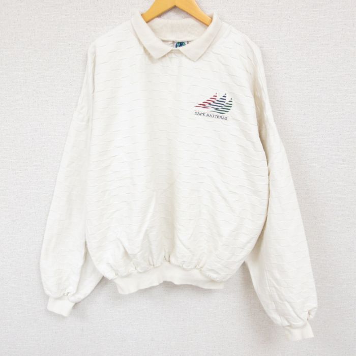 【中古】古着 WEK 長袖スウェット メンズ 90年代 90s ハッテラス岬 ヨット 大きいサイズ 2L LL ビッグシルエット ゆったり ビッグサイズ オーバーサイズ コットン 襟付き USA製 アメリカ製 白 ホワイト XLサイズ 中古 スエット トレーナー トップス | 春夏 春物 春服 2OF