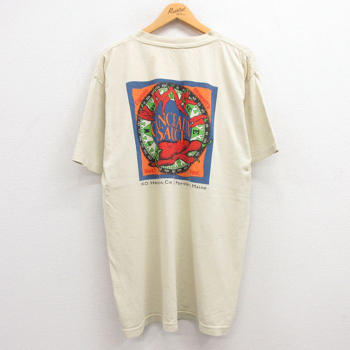 【中古】古着 半袖 ビンテージ ヴィンテージTシャツ メンズ 90年代 90s トウガラシ 大きいサイズ 2L LL ビッグシルエット ゆったり ビッグサイズ オーバーサイズ ロング丈 コットン クルーネック 丸首 USA製 アメリカ製 薄ベージュ カーキ XLサイズ 中古 | 春夏 夏物 0OF