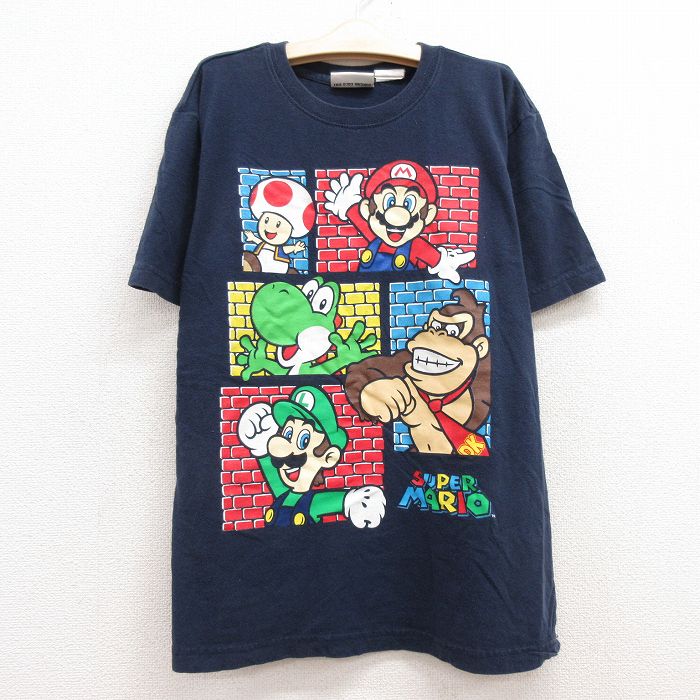 【中古】古着 半袖Tシャツ キッズ ボーイズ 子供服 ゲーム ニンテンドー スーパーマリオ コットン クルーネック 丸首 紺 ネイビー | 春夏 春物 春服 秋冬 秋物 秋服 女の子 子ども服 こども服 カジュアル ファッション おしゃれ かわいい 2OF