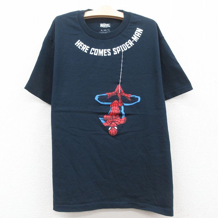 【中古】古着 半袖Tシャツ キッズ ボーイズ 子供服 マーベル スパイダーマン コットン クルーネック 丸首 紺 ネイビー | 春夏 春物 春服 秋冬 秋物 秋服 女の子 子ども服 こども服 カジュアル ファッション おしゃれ かわいい 2OF