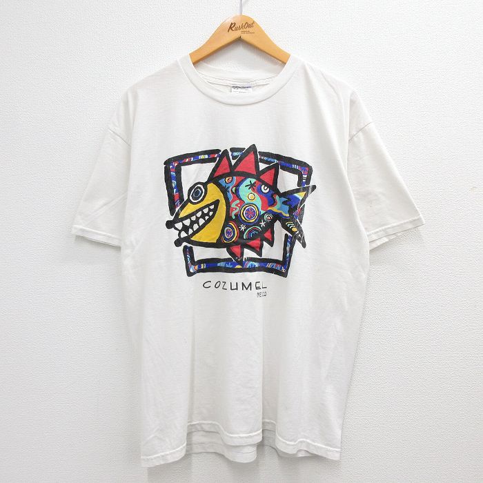 古着 半袖 ビンテージ ヴィンテージTシャツ メンズ 00年代 00s コスメル メキシコ 魚 コットン クルーネック 丸首 白 ホワイト XLサイズ 中古 | 春夏 夏物 夏服 ヴィンテージTシャツ メンズファッション カットソー ティーシャツ ティシャツ メンズTシャツ 半