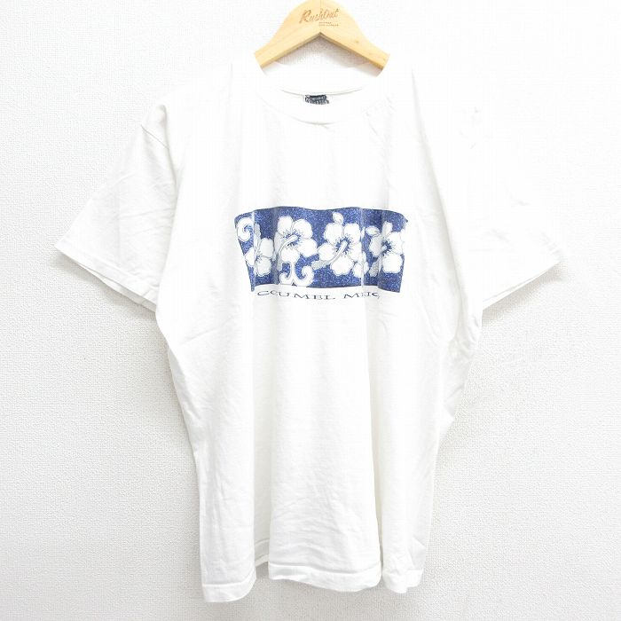 古着 半袖 ビンテージ ヴィンテージTシャツ メンズ 00年代 00s コスメル メキシコ 花 ハイビスカス 大きいサイズ 2L LL ビッグシルエット ゆったり ビッグサイズ オーバーサイズ コットン クルーネック 丸首 白 ホワイト XLサイズ 中古 | 春夏 夏物 夏服 ヴィ